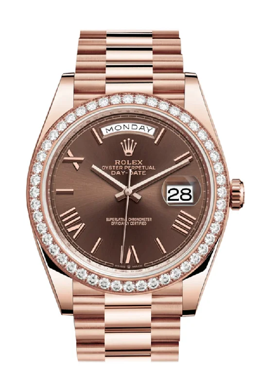 Rolex Day-Date 40 Chocolate Roman Dial Diamond Bezel 18K Everose gold President Automatic Men's Watch 228345RBR 228345