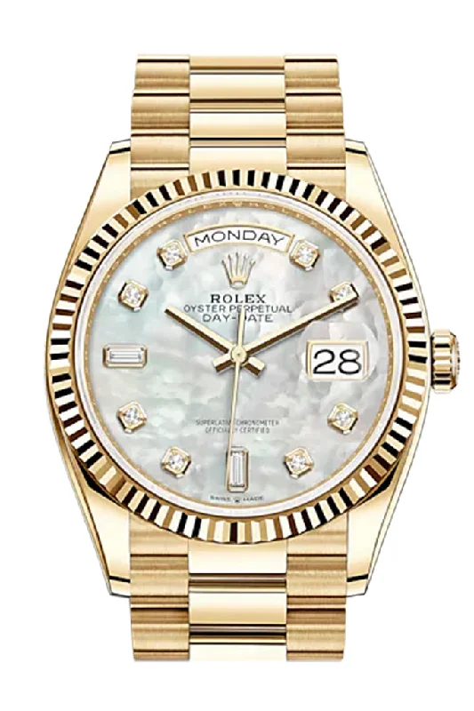 Rolex Day-Date 36 White Mother of Pearl Diamond Dial 18K Yellow Gold Watch 128238