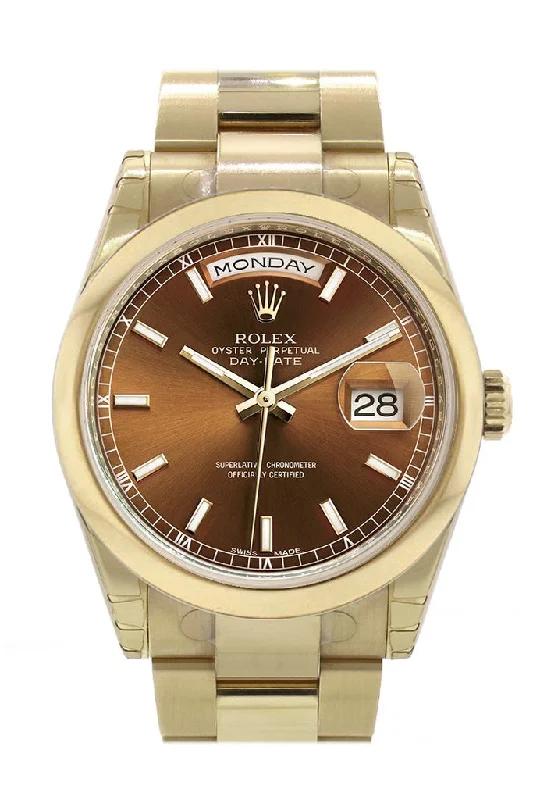 Rolex Day-Date 36 Cognac Dial Yellow Gold Watch 118208