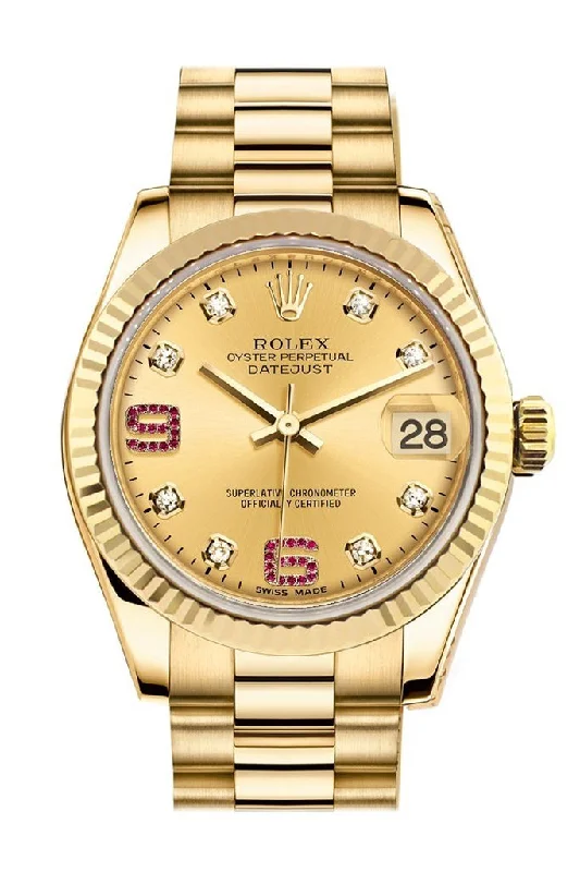 Rolex Datejust 31 Champagne Diamonds Rubies Dial Fluted Bezel 18K Yellow Gold President Ladies Watch 178278