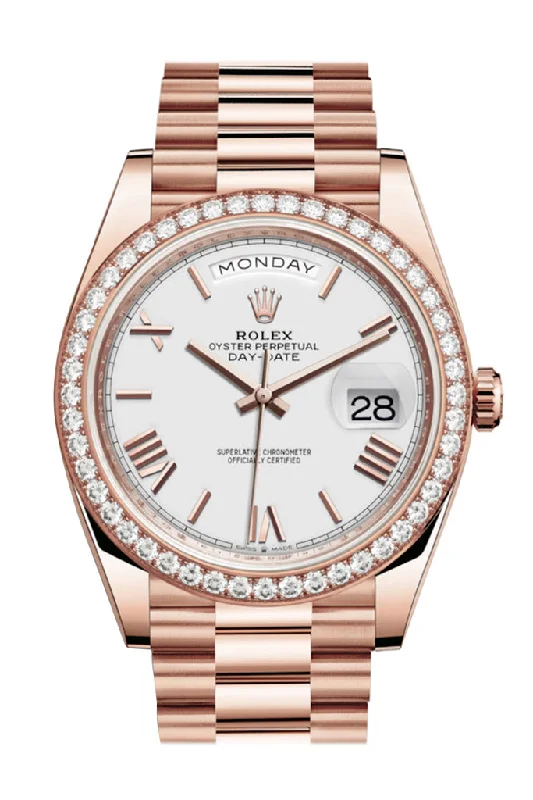 Rolex Day-Date 40 White Roman Dial Diamond Bezel 18K Everose gold President Automatic Men's Watch 228345RBR 228345