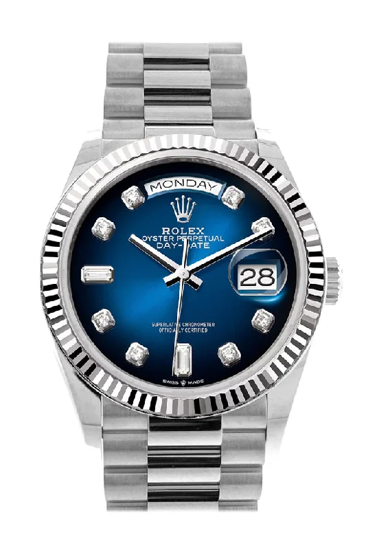 Rolex Day-Date 36 Blue ombrŽ Diamond Dial Fluted Bezel White gold President Watch 128239