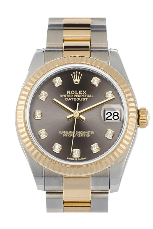 Rolex Datejust 31 Dark Grey Diamonds Dial Fluted Bezel 18K Yellow Gold Two Tone Watch 278273 NP