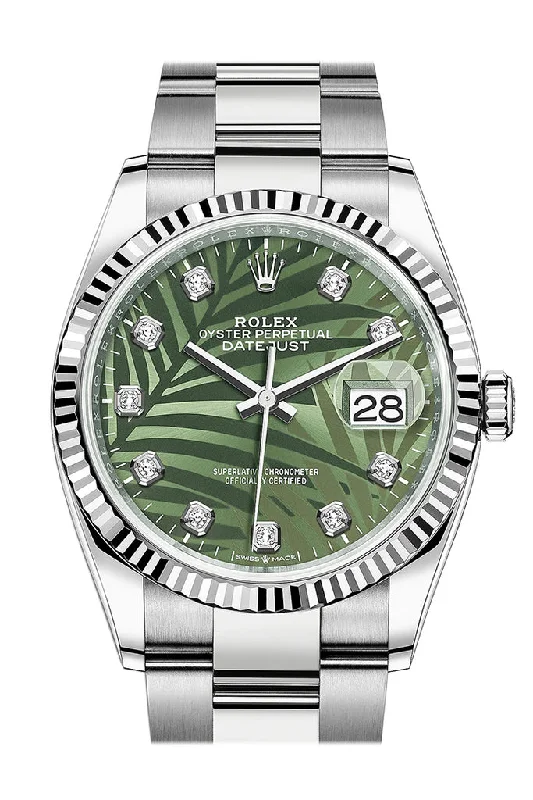 Rolex Datejust 36 Olive Green Palm Motif Diamond Dial Fluted Watch 126234