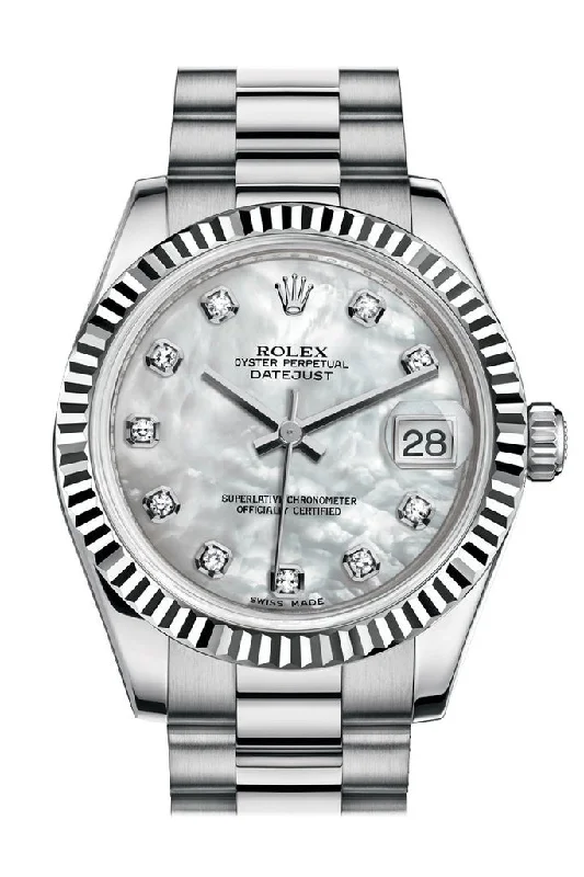 Rolex Datejust 31 White mother-of-pearl Diamond Dial Fluted Bezel 18K White Gold President Ladies Watch 178279