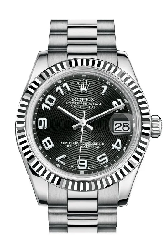 Rolex Datejust 31 Black Concentric Circles Arabic Dial Fluted Bezel 18K White Gold President Ladies Watch 178279