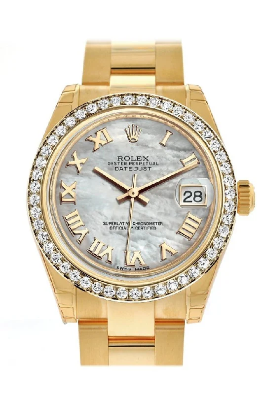 Rolex Datejust 31 White Mother of Pearl Roman Dial Diamond Bezel 18K Yellow Gold Ladies Watch 178288