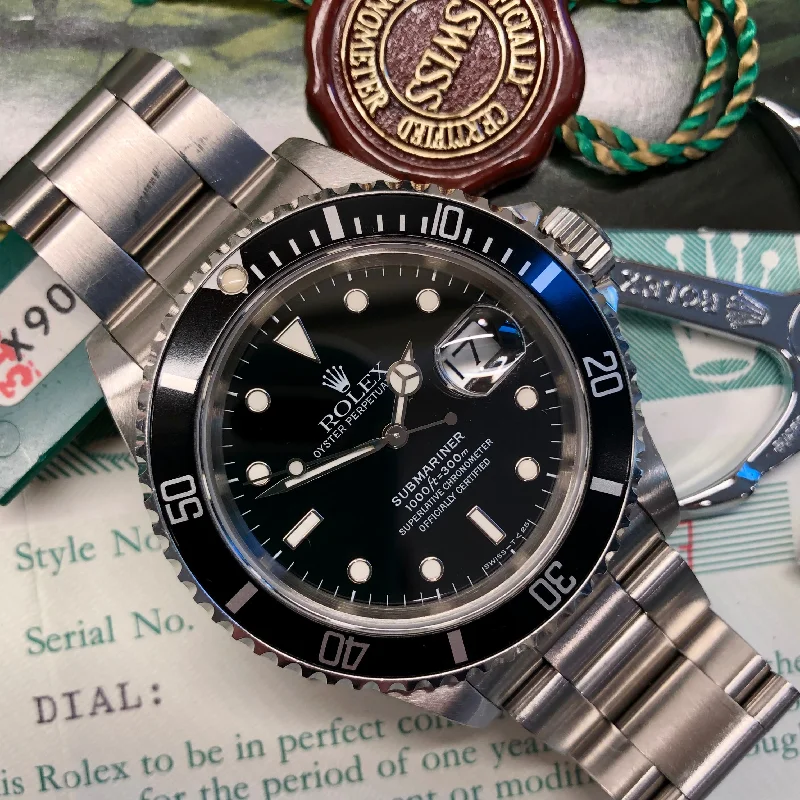 1991 Rolex Submariner Date 16610 Tritium Steel Wristwatch with Box and Papers