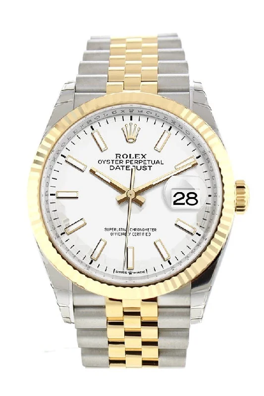 Rolex Datejust 36 White Dial Fluted Bezel Jubilee Yellow Gold Two Tone Watch 126233 NP