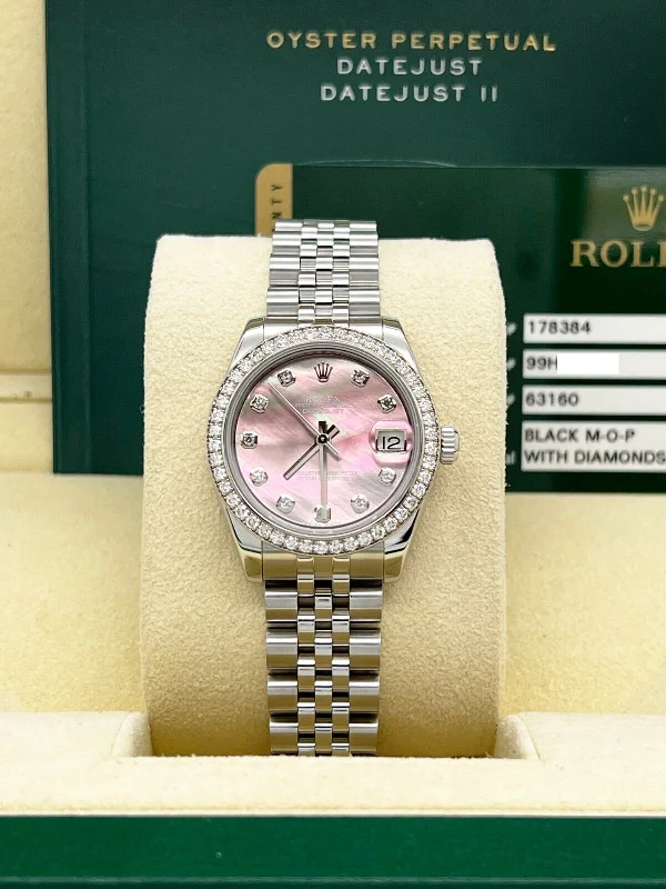 Rolex 178384 Datejust Midsize 31mm Tahitian MOP Diamond Dial Steel Box Paper