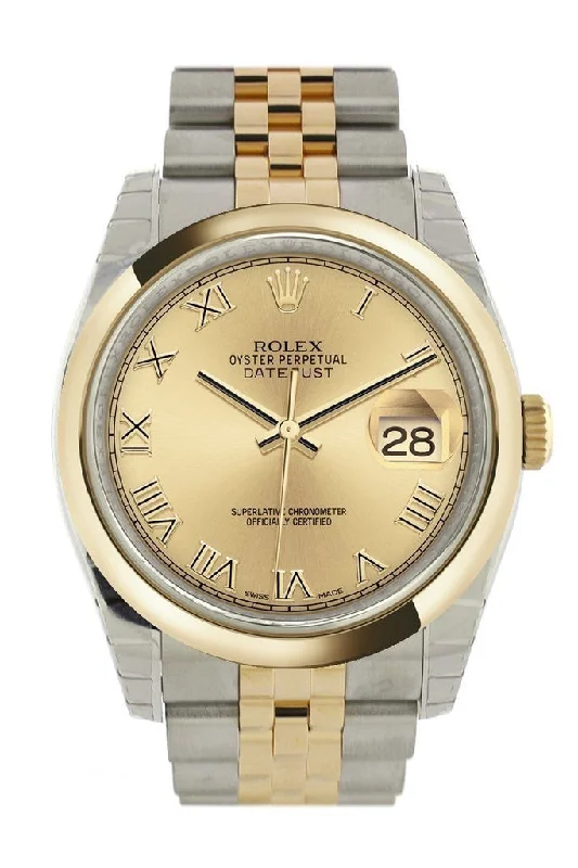 Rolex Datejust 36 Champagne Roman Dial 18k Gold Two Tone Jubilee Watch 116203