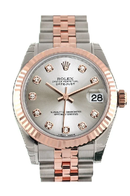 Rolex Datejust 31 Silver Diamond Dial  Fluted Bezel 18K Rose Gold Two Tone Jubilee Ladies Watch 178271