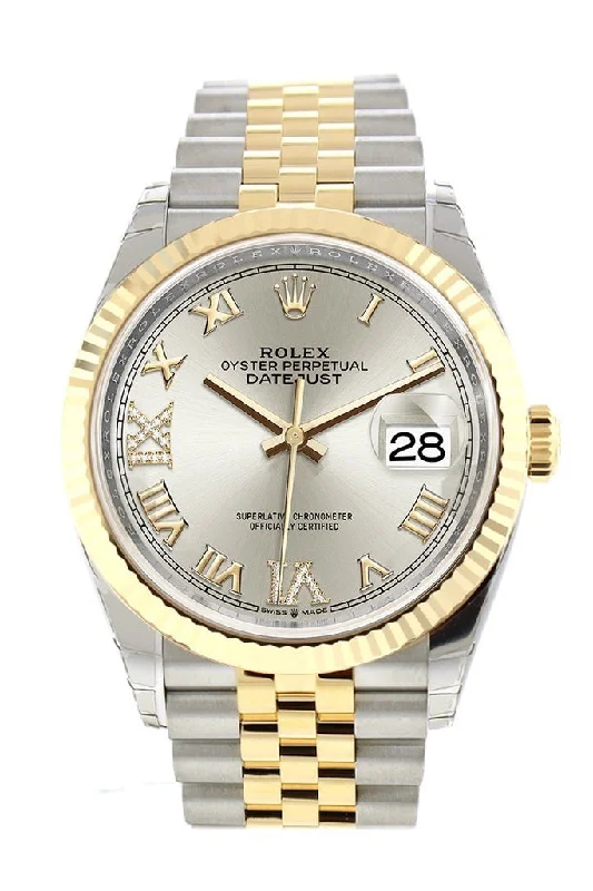 Rolex Datejust 36 Silver set with diamonds Dial Fluted Bezel Jubilee Yellow Gold Two Tone Watch 126233 NP